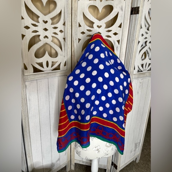 Blue White Polka Dot Scarf shawl lightweight Polyester Striped Nautical - Picture 2 of 3